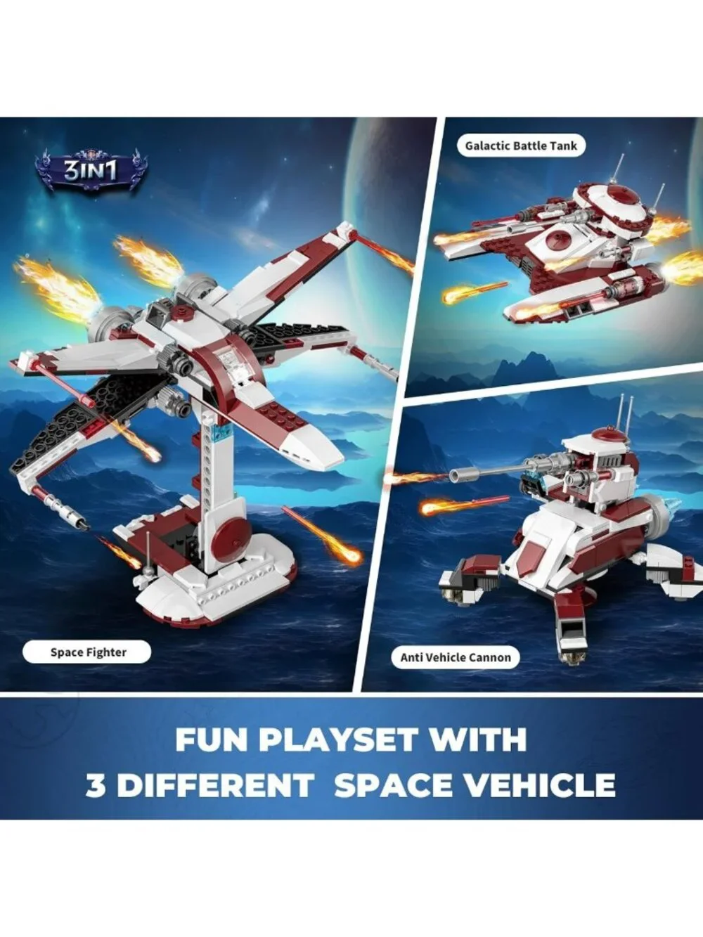 3-in-1 Space Vehicle Building Set - Fighter, Battle Tank & Cannon Toy for Kids